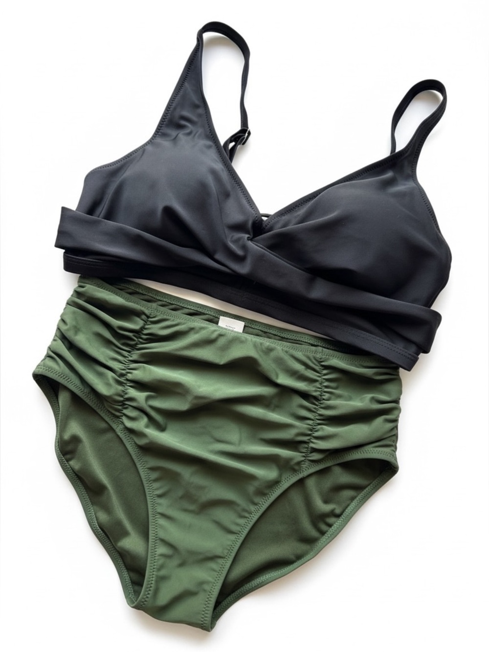 Two Piece Bikini Set Black Wrap Bikini Top and Olive Green High Waist Ruched